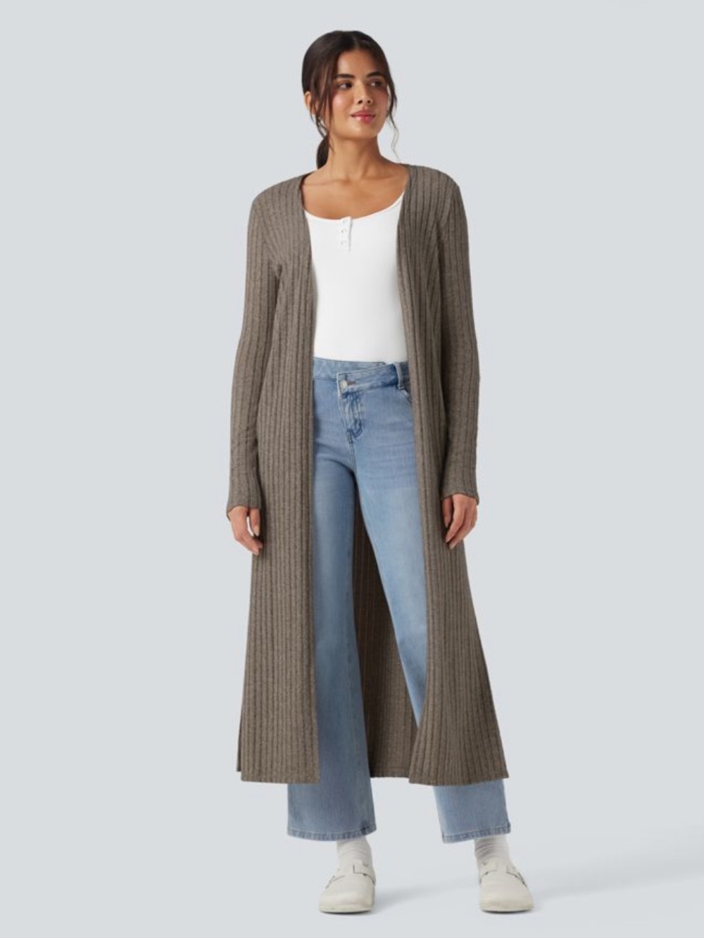 Halara Long Soft Ribbed Cardigan- Soft Brown